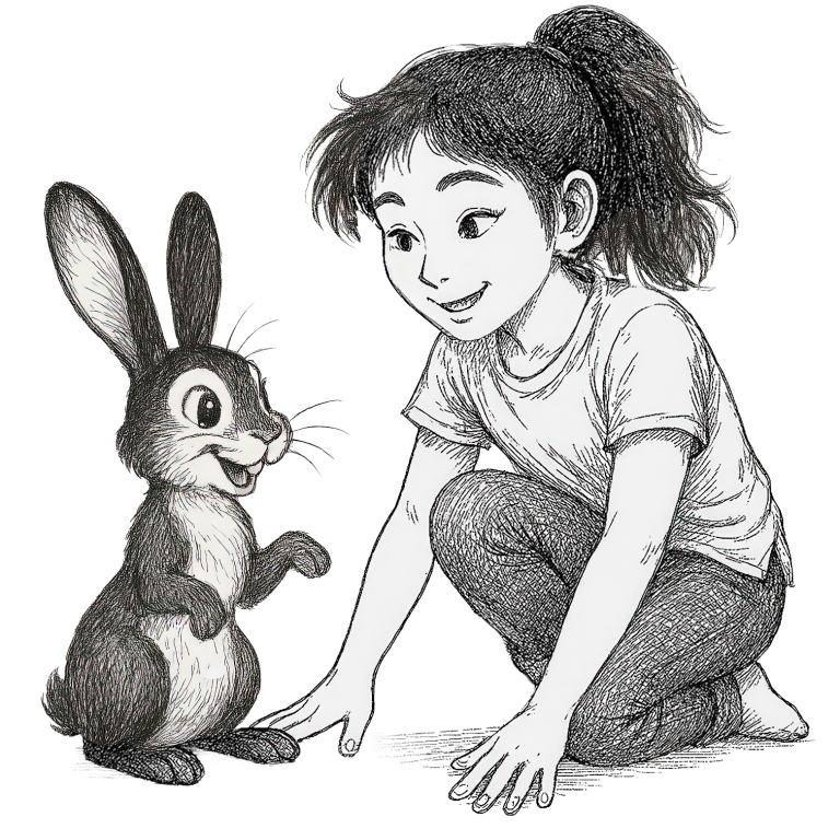 Sofia, a curious young girl from a children’s book series, crouches down to share a joyful moment with Abby, her pet a talking bunny. Their eyes meet with warmth and wonder, hinting at pretend play and the start of a gentle adventure. This heartwarming illustration captures the spirit of empowering stories for kids, filled with imagination, friendship, and picture book charm.