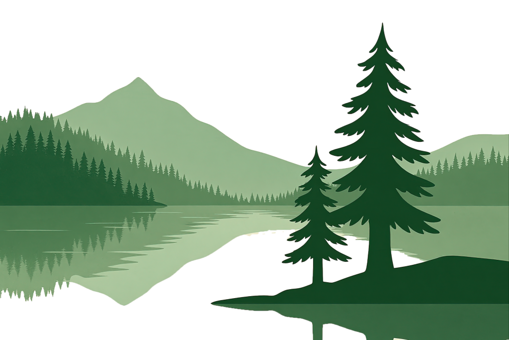 Cedar and Mountain Lake Motif – Station WIL’s Trail of Empowering Stories. A serene landscape illustration of tall cedar trees beside a mountain lake, rendered in WIL Tall Cedar Green. The trees reflect softly in the still water, with distant forested mountains rising in gentle layers behind them. This tranquil scene evokes themes of discovery, reflection, and nature’s quiet wisdom—perfect for young adventurers and readers exploring Station WIL’s empowering stories.