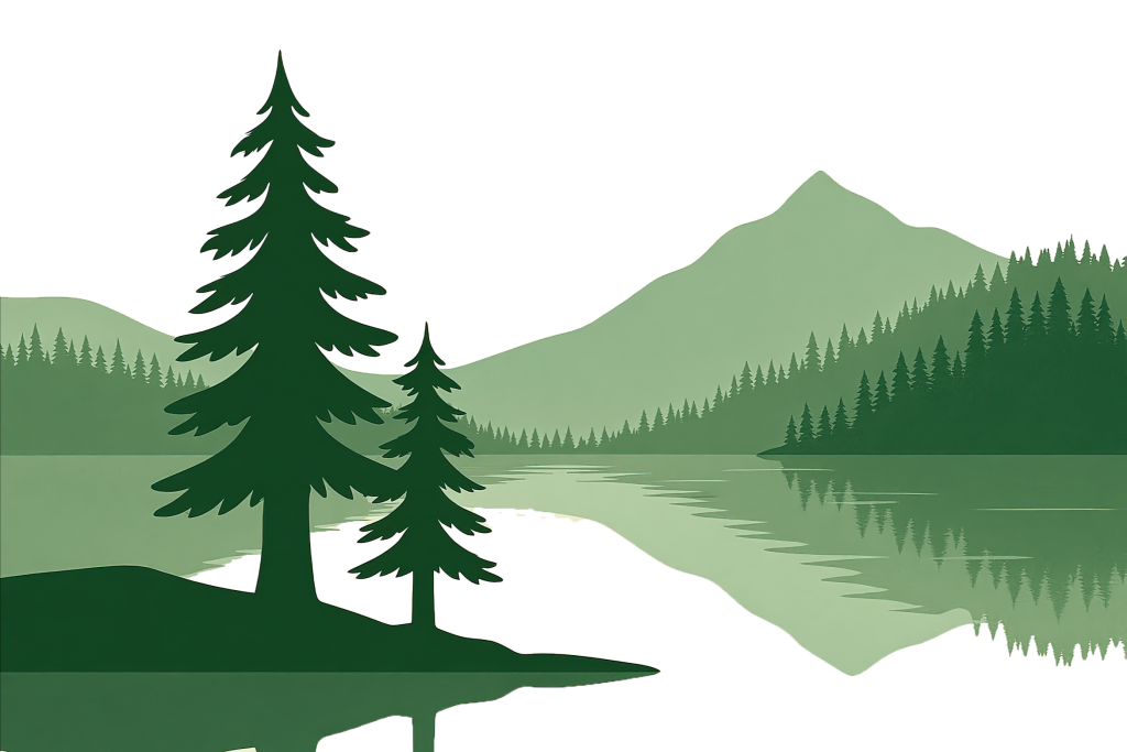 Cedar and Mountain Lake Motif – Station WIL’s Trail of Empowering Stories. A serene landscape illustration of tall cedar trees beside a mountain lake, rendered in WIL Tall Cedar Green. The trees reflect softly in the still water, with distant forested mountains rising in gentle layers behind them. This tranquil scene evokes themes of discovery, reflection, and nature’s quiet wisdom—perfect for young adventurers and readers exploring Station WIL’s empowering stories.