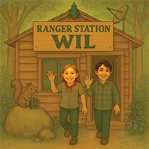 Illustration of Teo and Patty waving in front of Ranger Station WIL—a rustic forest cabin where empowering stories for young readers begin.