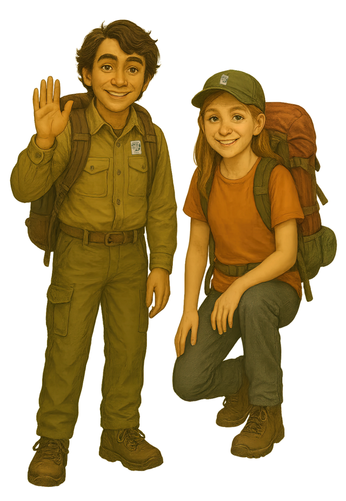 Illustration of Teo and Patty wearing their backpacks—welcoming readers to Station WIL’s trail of empowering stories for young readers.
