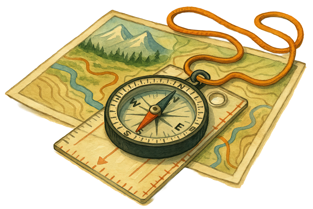 Orienteering compass on an orange cord rests atop a colorful topographic trail map—inviting young readers to begin their journey through empowering stories.