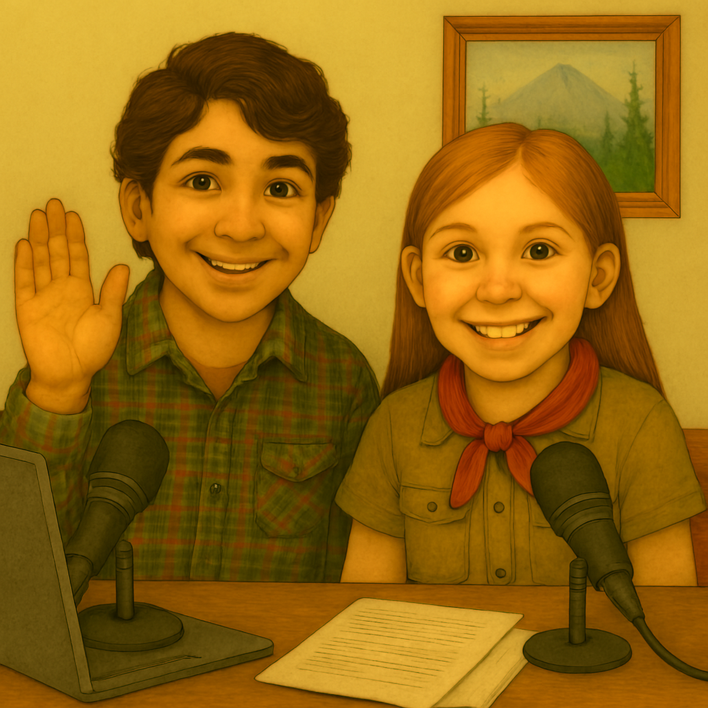 Teo and Patty, two smiling children, sit at a desk with microphones and a laptop, ready to broadcast from their cozy home studio.