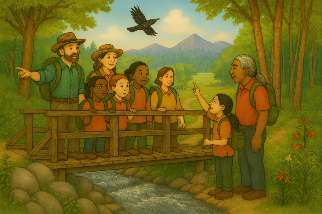 Six hikers—Malcolm, Miles, their mothers Justine and Betsy, guides Mr. and Mrs. W.—pause on a wooden bridge over Briar Creek at the edge of a lush forest. Mr. W. points back up the trail, while Nia stands beside her grandfather, smiling and pointing upward toward a lone crow flying overhead. The children and adults wear trail hats and backpacks, some resting their hands on the bridge railing. Beneath them, the creek tumbles over mossy rocks, framed by red wildflowers and tall trees. In the distance, a sunlit meadow opens toward blue mountain peaks under a soft sky.