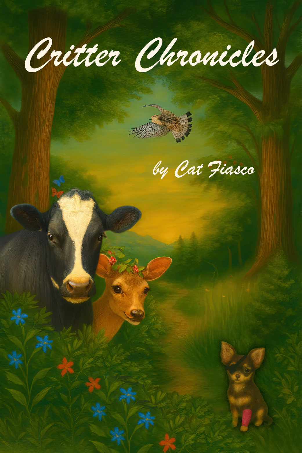 A book cover of a mystical forest scene featuring a black and white cow, a dear with a crown of flowers, a little Chihuahua with a pink bandage on her leg and patch on her right eye, and a hawk soaring overhead. The cover text Critter Chronicles by Cara Dancer.