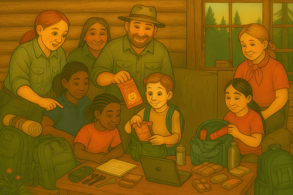 Illustration of children and adults gathered inside a cozy wooden lodge, preparing for a hiking trip. A table is filled with supplies including trail food, a flashlight, water bottle, and a laptop. One adult holds up a smiling food pack while two children pack gear into backpacks. The scene conveys teamwork, outdoor readiness, and the start of an adventure.