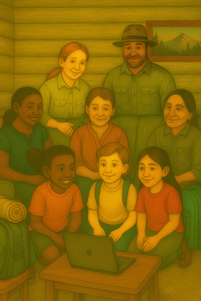 Illustration of a cozy lodge where three children and five adults—guides and parents—gather around a wooden table with a laptop. The group is video chatting with Patty and Teo, who are broadcasting from their Ranger Station WIL studio in Pennsylvania. The scene captures a friendly farewell moment before a hiking expedition in Oregon.