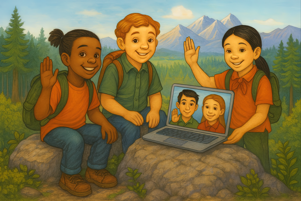 Three children—Malcolm with a small ponytail, Miles, and Nia—gather on a rocky knoll in a forest clearing, surrounded by lush greenery and distant mountain peaks under a clear blue sky. Nia holds a laptop showing Teo and Patty waving from the screen. The scene captures a joyful moment of outdoor learning, situational awareness, and connection, blending nature with digital storytelling.