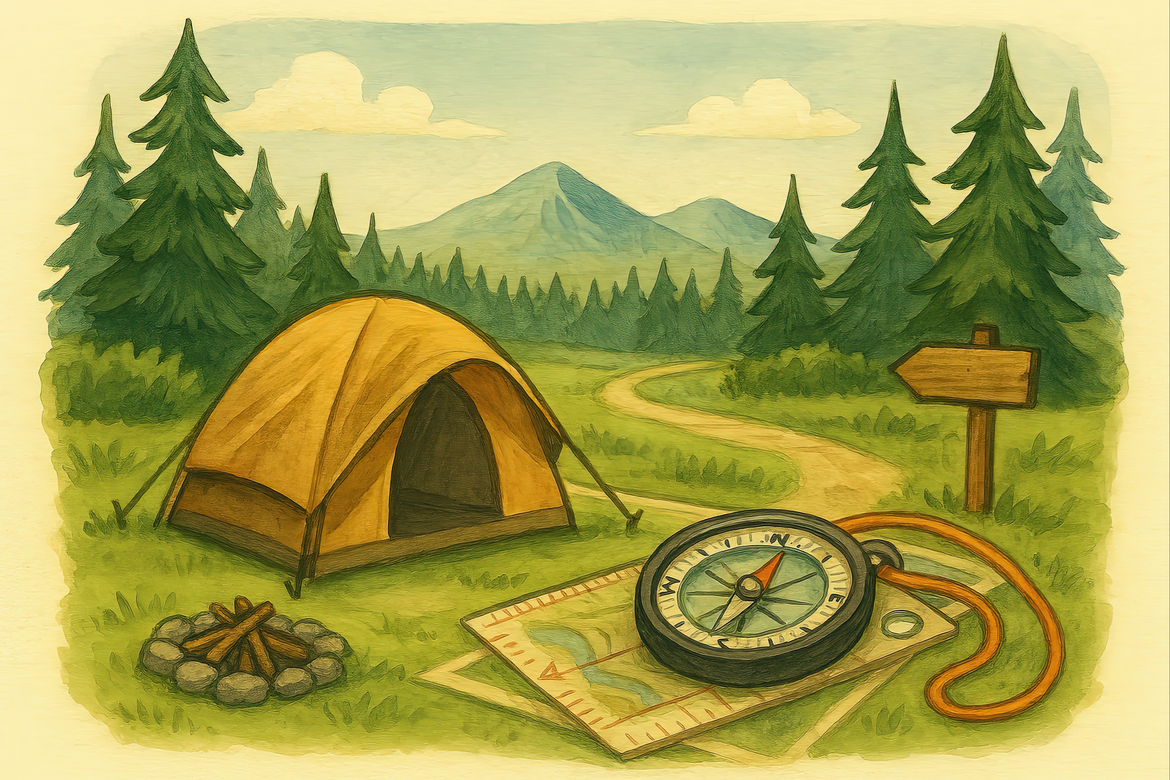 Camping scene with yellow tent, map, compass, and campfire on grassy clearing. Dirt path leads to forest and mountains under clear sky. Evokes outdoor adventure, navigation, and peaceful exploration.