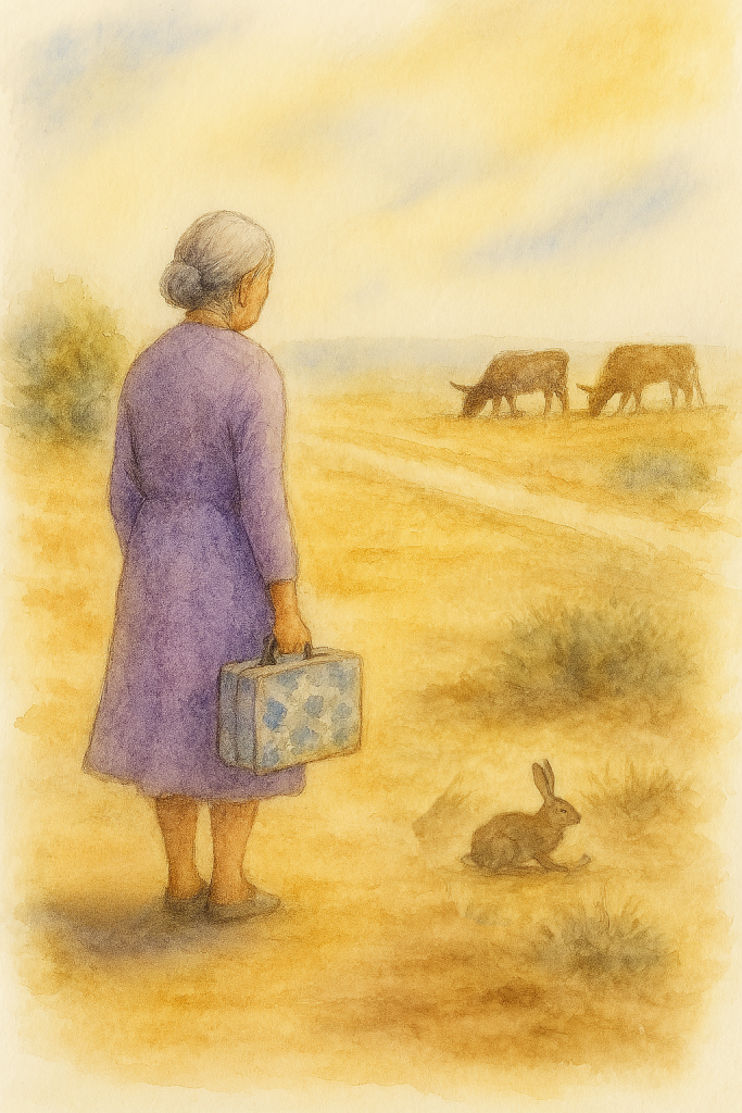 Old lady in lavender dress with flower valise stands beside a dry Texas road with a jackrabbit nearby and longhorn cattle grazing in a field on the other side of the road. She stands alone.