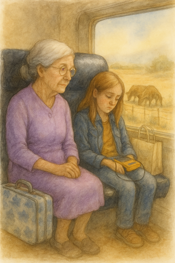Old lady in lavender dress seated beside a teenage girl on a bus. Outside the window is the passing Texas scenery.