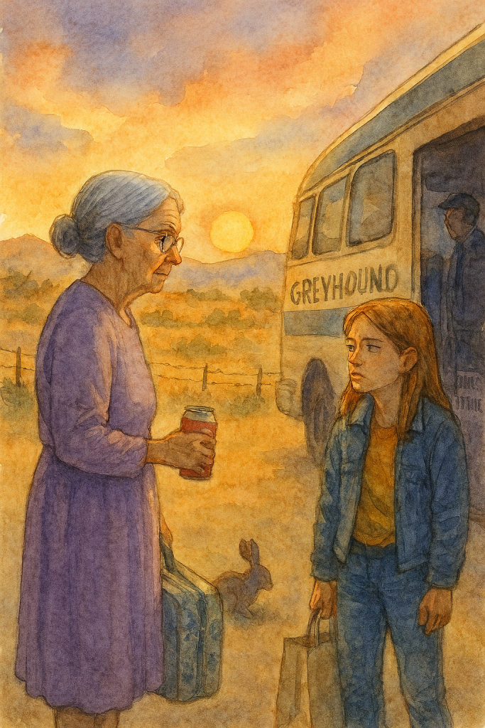 Old lady in lavender dress and teenage girl talk outside the bus at a evening stop in Texas hill country.