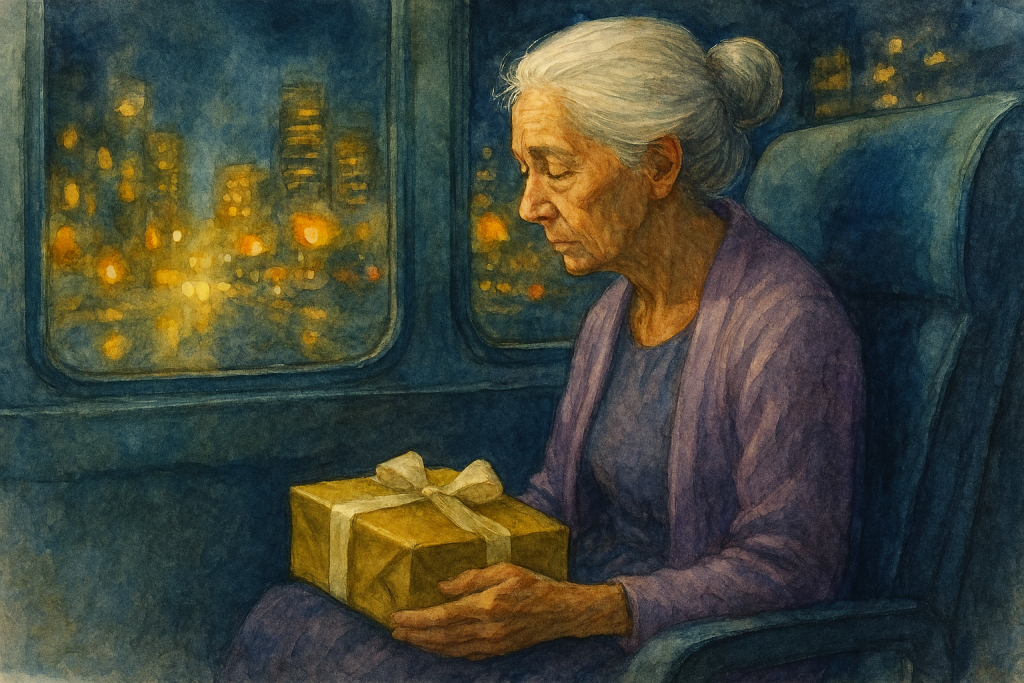 Old lady in lavender dress seated on bus with gold-wrapped package on her lap and Texas city lights outside the window.
