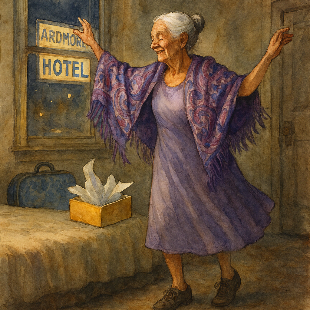 The old lady in lavender dawns a lavender and blue paisley scarf and dances around a shoddy hotel room... alone again.