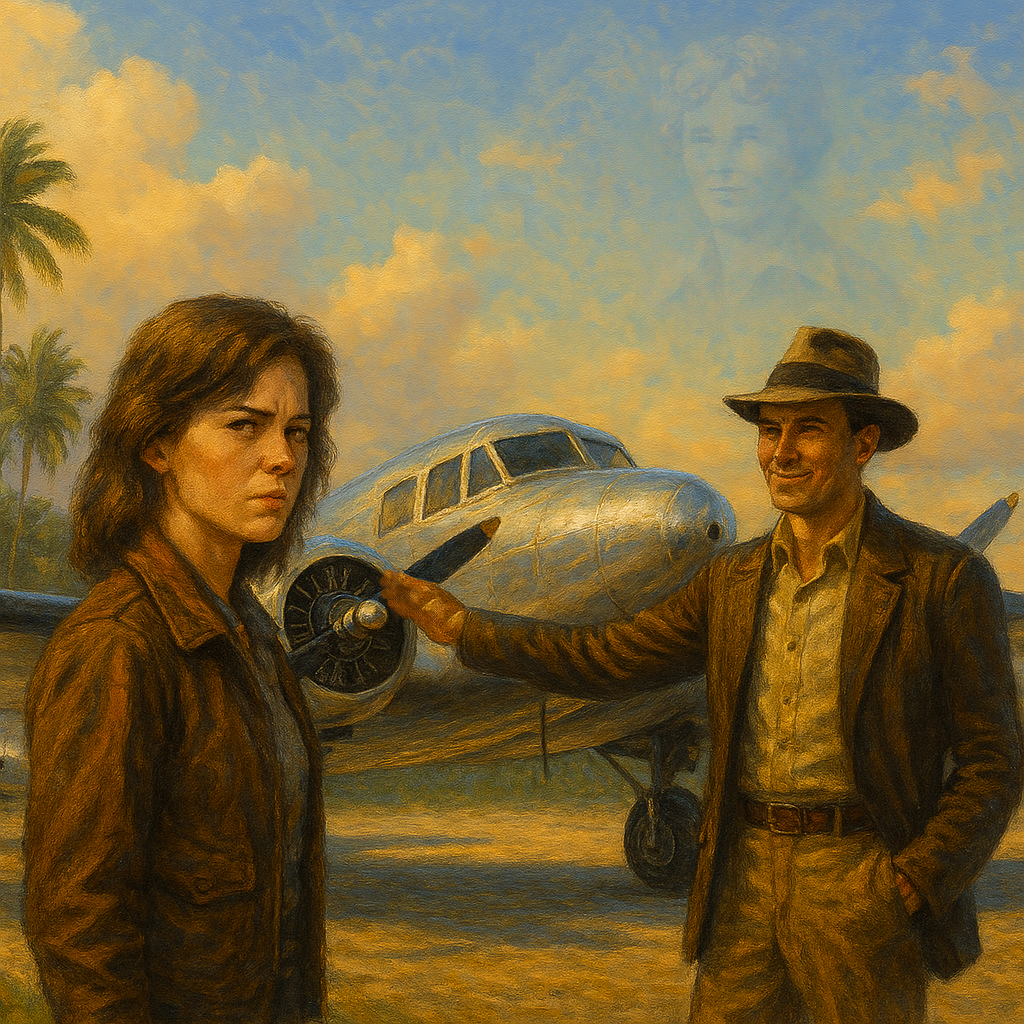A man and woman in conversation in front of a shiny Electra aircraft sitting on a runway on a tropical island. The ghostly specter of Amelia Earhart faintly appears in the clouds above.