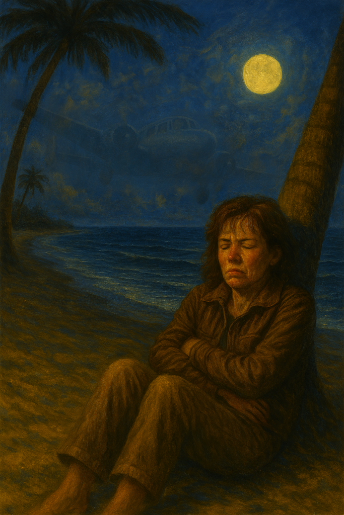 Girl in kaki slacks and leather flight jacket huddles beneath a palm tree on a beach. The moon shines brightly and the spectral image of an Electra aircraft is in the sky above.