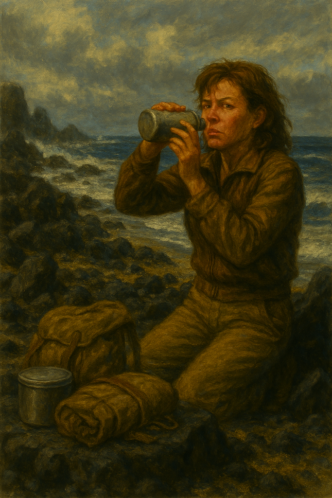 A woman dressed in flight jacked and khaki slacks drinks from a thermos. She's seated on a rock-strewn beach.