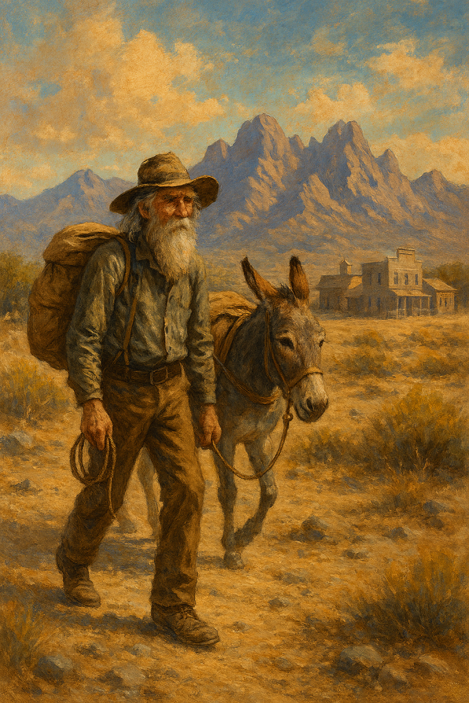 Old prospector, Uncle Hazel and his burro named Biscuit walk into town from the rocky desert landscape.