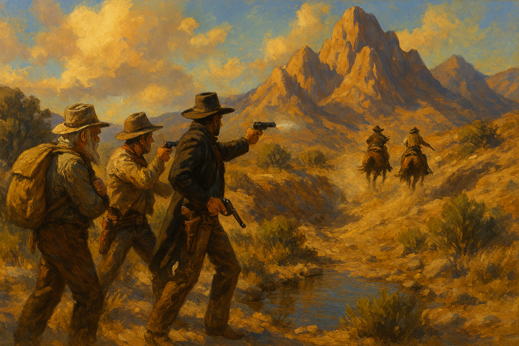 Western gunfight along a desert draw. Guns are blazing from three men near a spring, and two claim-jumpers are riding their horses away as quickly as possible.