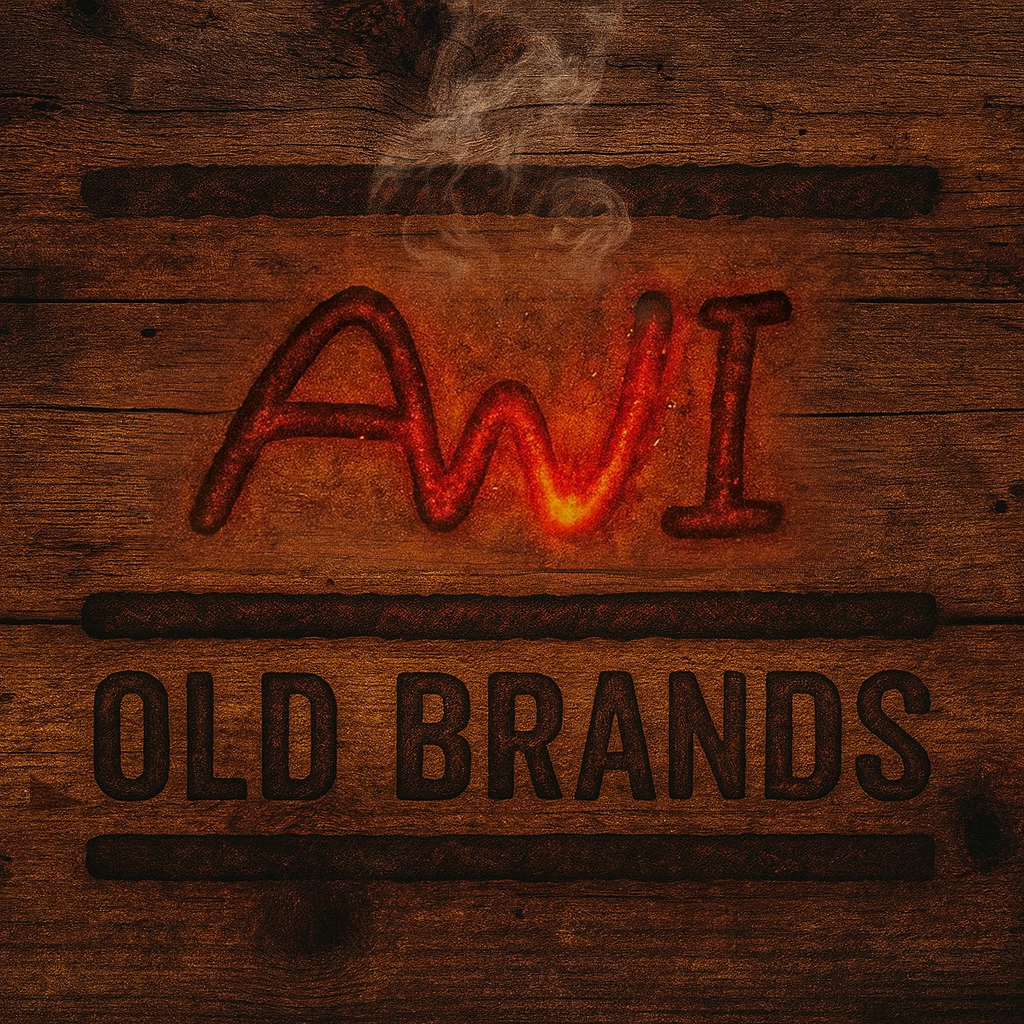 Imprint and logo of a still-smoky new-fired brand for AWI. The letters are curved and rounded like an old western brand with horizontal bars above and below the words OLD BRANDS branded on an old crate.